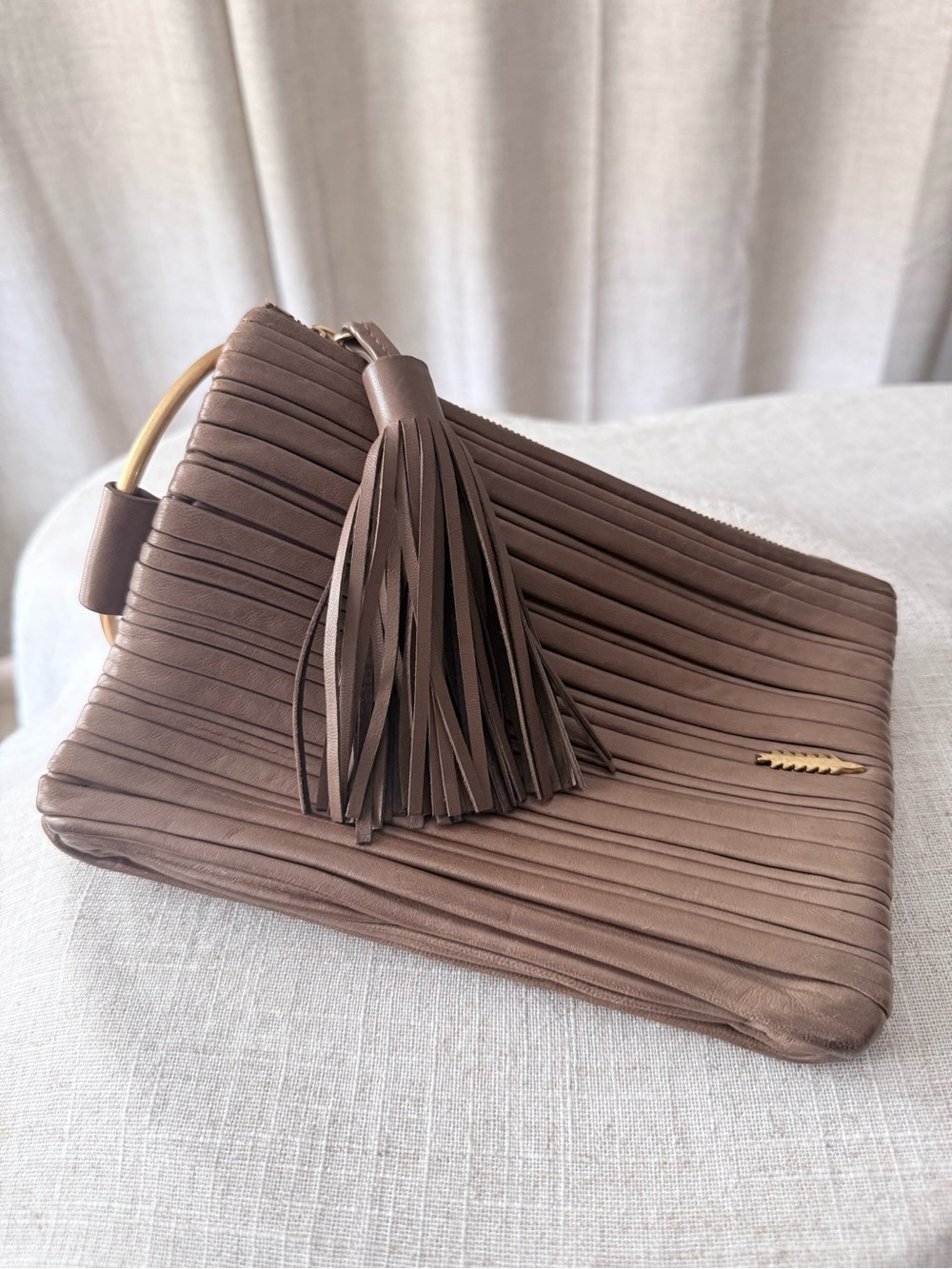 Thacker Taupe Pleated Leather Clutch Wristlet Tassel Ring Handle